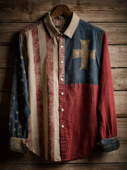 Men’s Vintage American Flag Faith Cross Long-Sleeve Shirt As picture / S