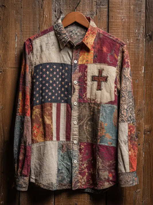 Men’s Vintage American Flag Faith Cross Long-Sleeve Shirtt As picture / S