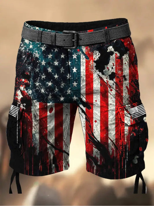 Men’s Vintage American Flag Independence Day Printed Texture Drawstring Pocket Casual Cargo Shorts A / M