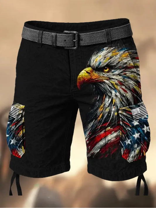 Men’s Vintage American Flag Independence Day Printed Texture Drawstring Pocket Casual Cargo Shorts A / M