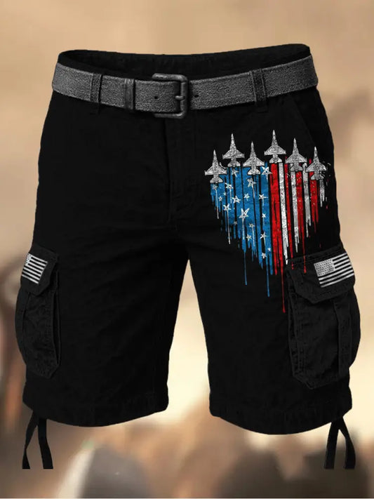 Men’s Vintage American Flag Independence Day Printed Texture Drawstring Pocket Casual Cargo Shorts A / M