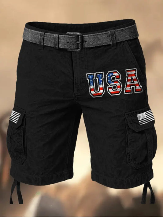 Men’s Vintage American Flag Independence Day Printed Texture Drawstring Pocket Casual Cargo Shorts A / M