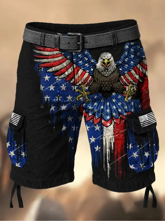 Men’s Vintage American Flag Independence Day Printed Texture Drawstring Pocket Casual Cargo Shorts A / M