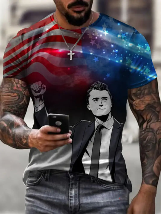 Men’s Vintage Charlie Kirk American Flag Print Commemorative T-Shirt A / S