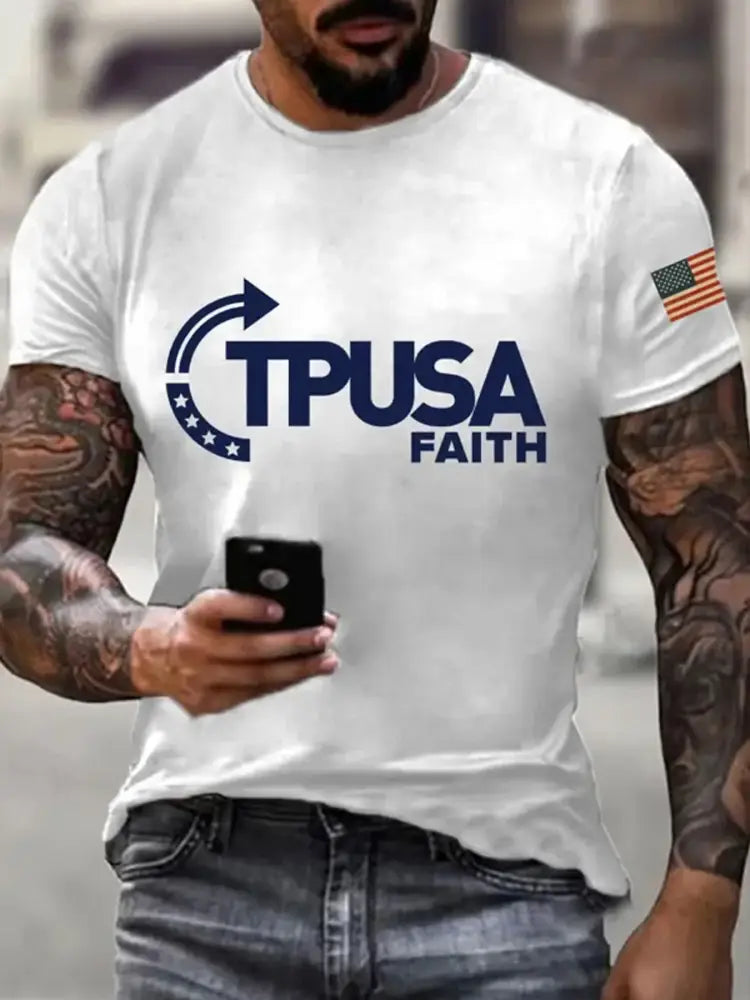 Men’s Vintage Charlie Kirk American Flag Print Commemorative T-Shirt C / S