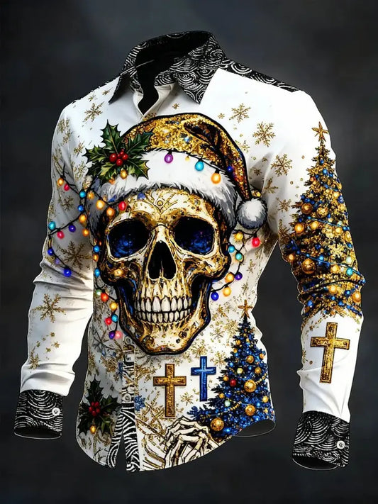 Men’s Vintage Christmas Skull Long Sleeve Shirt As picture / S