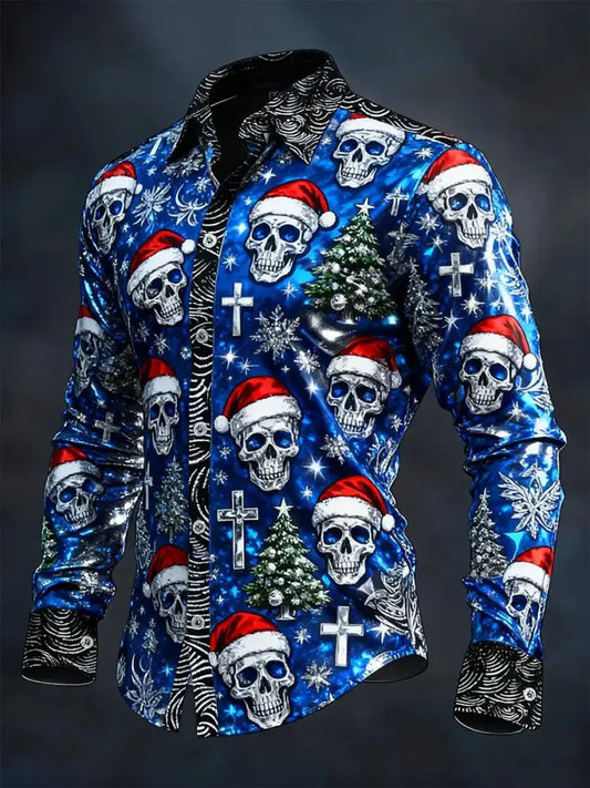 Men’s Vintage Christmas Skull Long Sleeve Shirt As picture / S