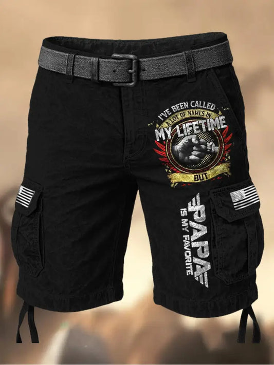 Men’s Vintage Father’s Day American Flag Printed Texture Drawstring Pocket Casual Cargo Shorts A / M