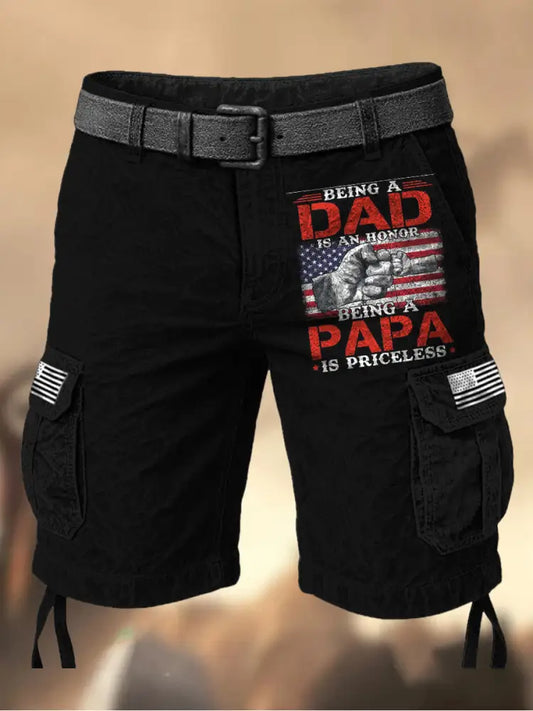 Men’s Vintage Father’s Day American Flag Printed Texture Drawstring Pocket Casual Cargo Shorts A / M