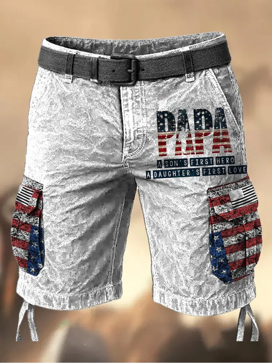 Men’s Vintage Father’s Day American Flag Printed Texture Drawstring Pocket Casual Cargo Shorts A / M