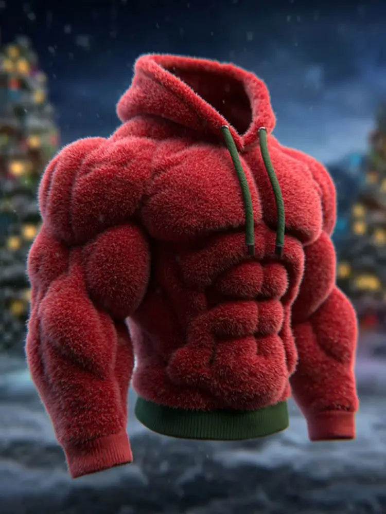 Men’s Vintage Muscle Line Art Flannel Cozy Hooded Sweatshirt