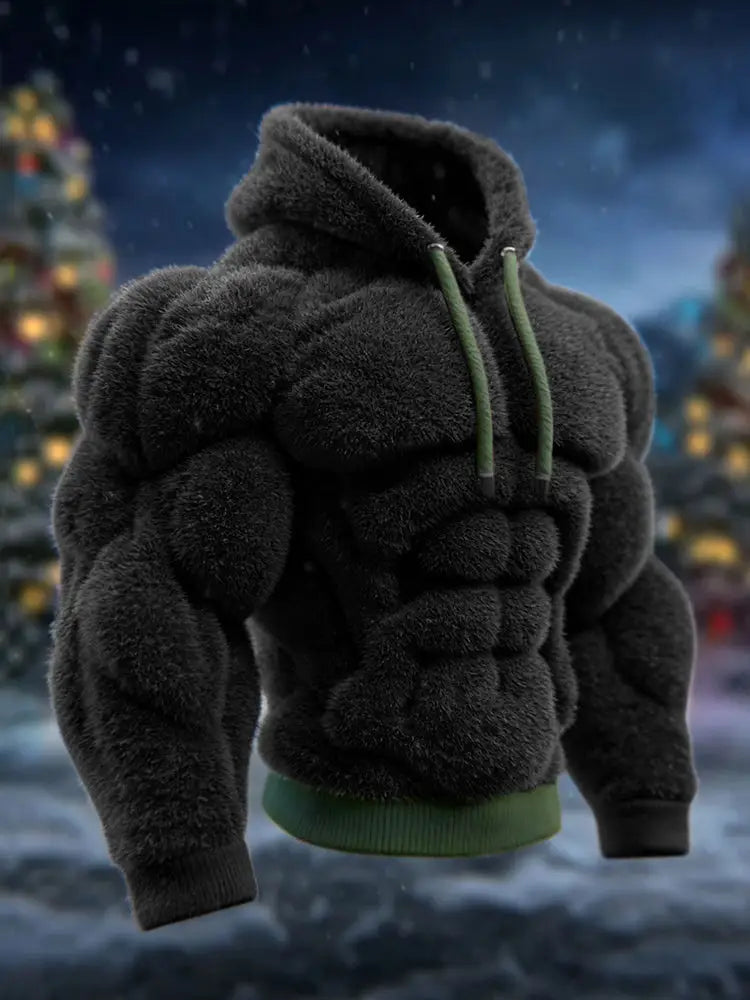 Men’s Vintage Muscle Line Art Flannel Cozy Hooded Sweatshirt Black / S