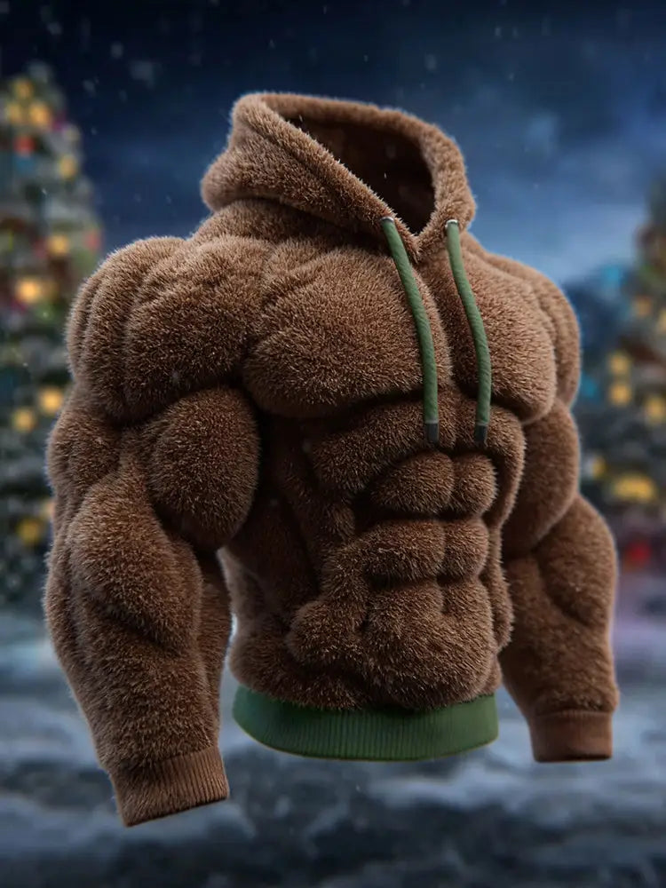 Men’s Vintage Muscle Line Art Flannel Cozy Hooded Sweatshirt Brown / S