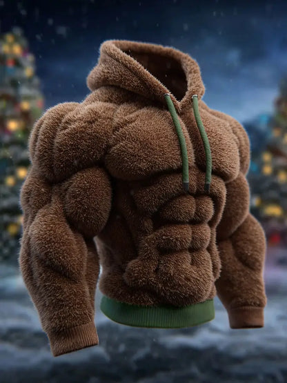 Men’s Vintage Muscle Line Art Flannel Cozy Hooded Sweatshirt Brown / S