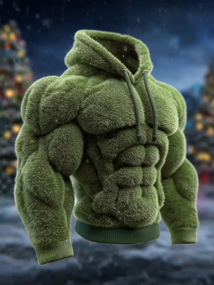 Men’s Vintage Muscle Line Art Flannel Cozy Hooded Sweatshirt Green / S