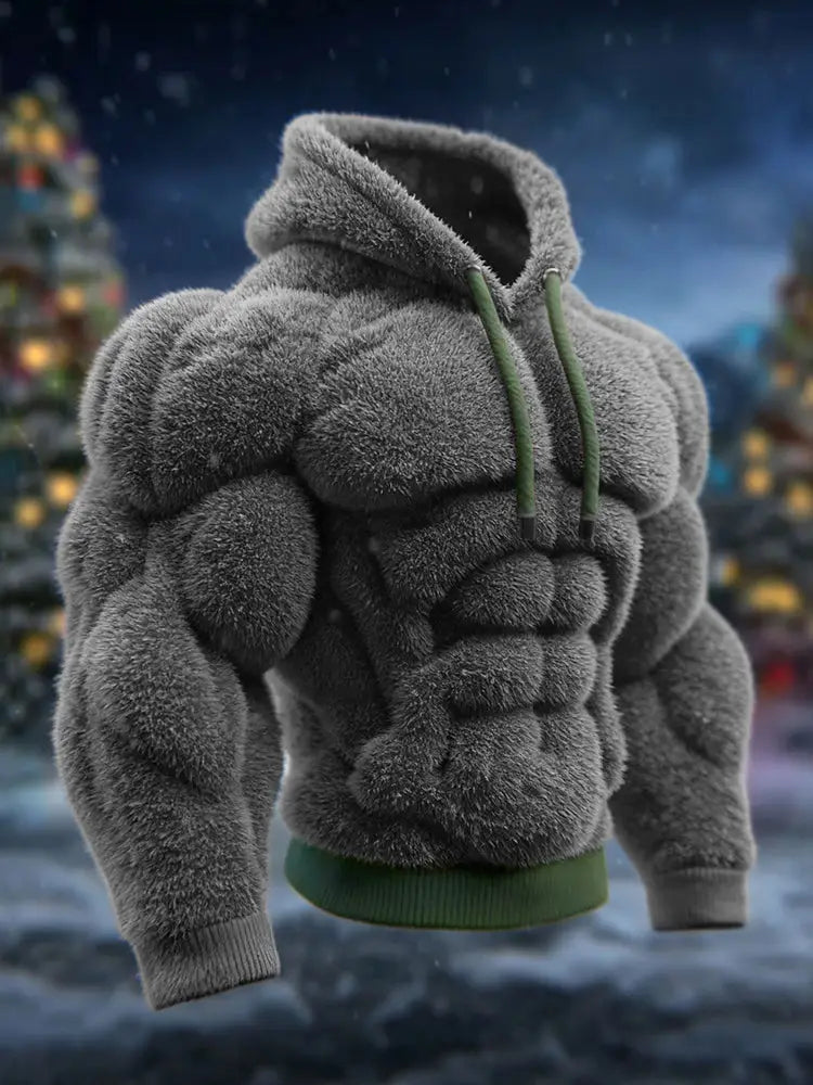 Men’s Vintage Muscle Line Art Flannel Cozy Hooded Sweatshirt Grey / S