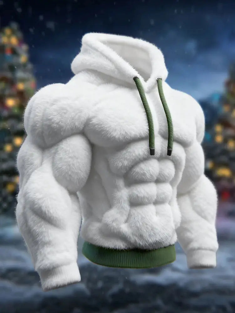 Men’s Vintage Muscle Line Art Flannel Cozy Hooded Sweatshirt White / S