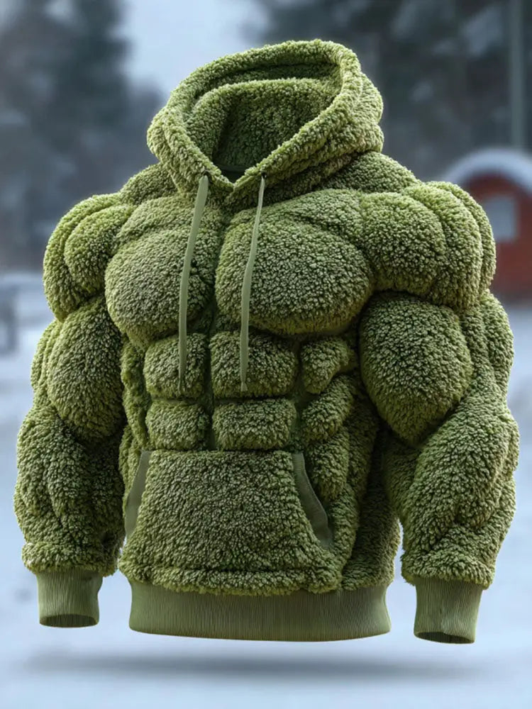 Men’s Vintage Muscle Line Art Flannel Warm Cozy Hooded Sweatshirt