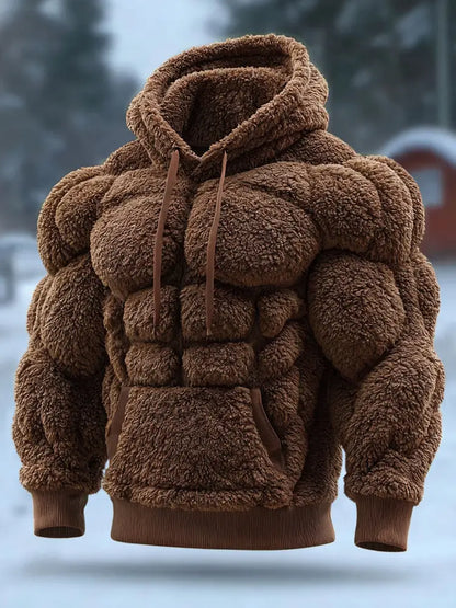 Men’s Vintage Muscle Line Art Flannel Warm Cozy Hooded Sweatshirt Brown / S