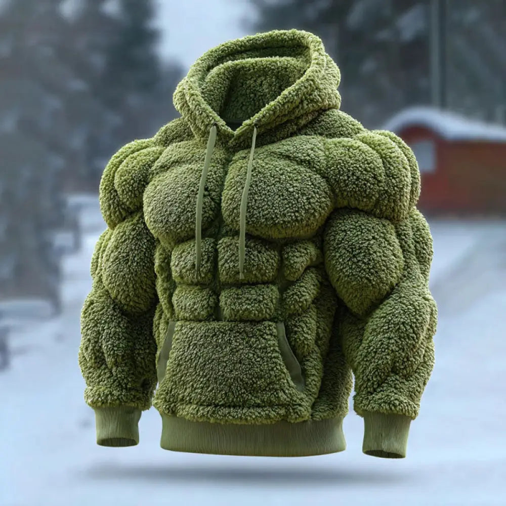 Men’s Vintage Muscle Line Art Flannel Warm Cozy Hooded Sweatshirt Green / S