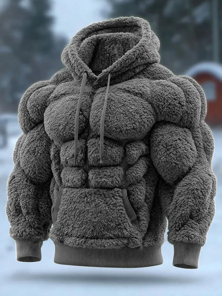 Men’s Vintage Muscle Line Art Flannel Warm Cozy Hooded Sweatshirt Grey / S