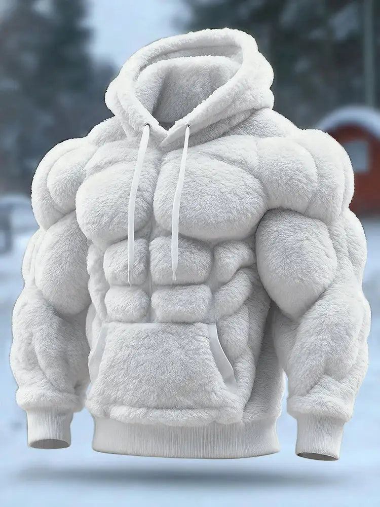 Men’s Vintage Muscle Line Art Flannel Warm Cozy Hooded Sweatshirt White / S