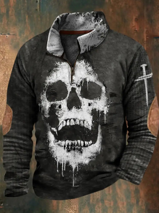 Men’s Vintage Skull Cross Print Lapel Walf Checks splicing Zipper Sweatshirt A / S