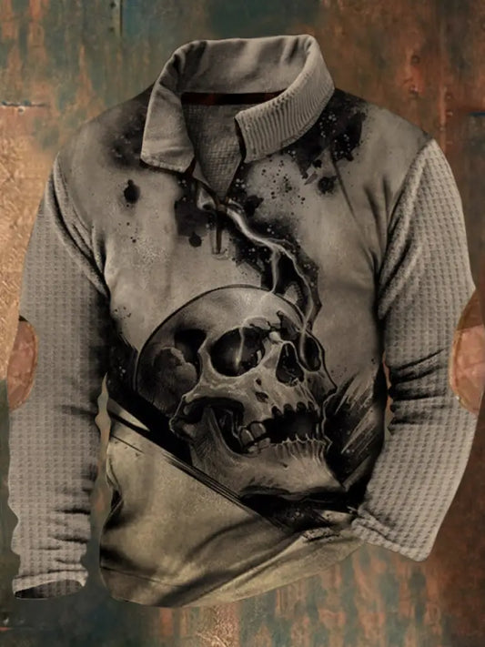 Men’s Vintage Skull Lightning Print Lapel Walf Checks splicing Zipper Sweatshirt A / S