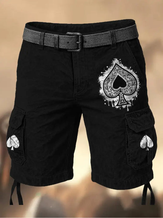 Men’s Vintage Texas Hold’em Poker Black Spades Printed Texture Casual Cargo Shorts A / M