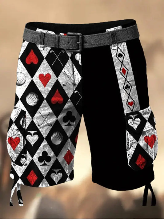 Men’s Vintage Texas Hold’em Poker Black Spades Printed Texture Casual Cargo Shorts A / M