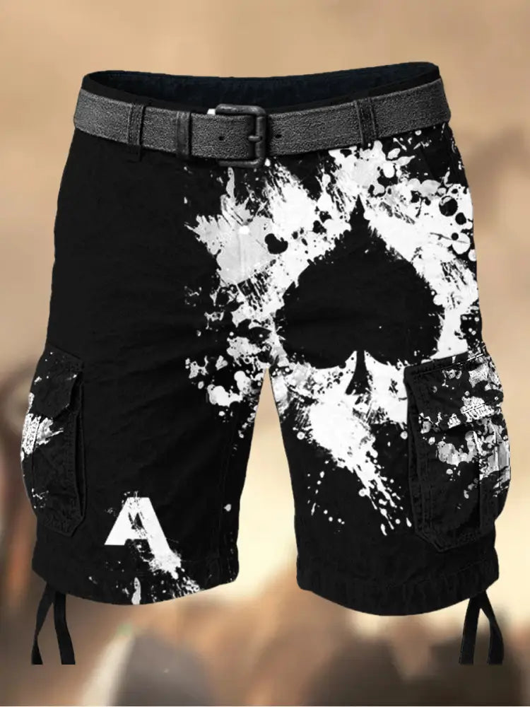 Men’s Vintage Texas Hold’em Poker Black Spades Printed Texture Casual Cargo Shorts A / M
