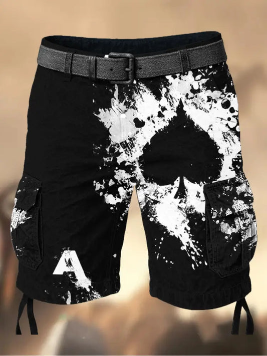 Men’s Vintage Texas Hold’em Poker Black Spades Printed Texture Casual Cargo Shorts A / M