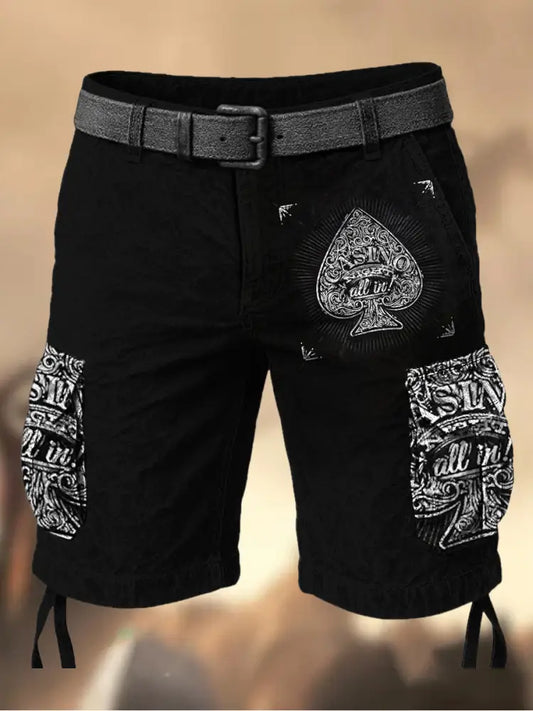 Men’s Vintage Texas Hold’em Poker Black Spades Printed Texture Casual Cargo Shorts A / M