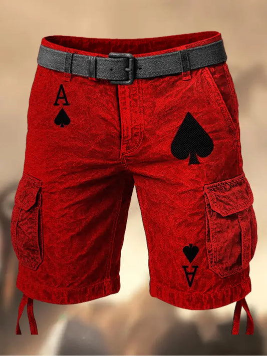 Men’s Vintage Texas Hold’em Poker Black Spades Printed Texture Casual Cargo Shorts A / M