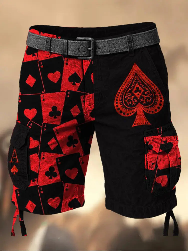Men’s Vintage Texas Hold’em Poker Graphic Printed Texture Drawstring Pocket Casual Cargo Shorts A / M