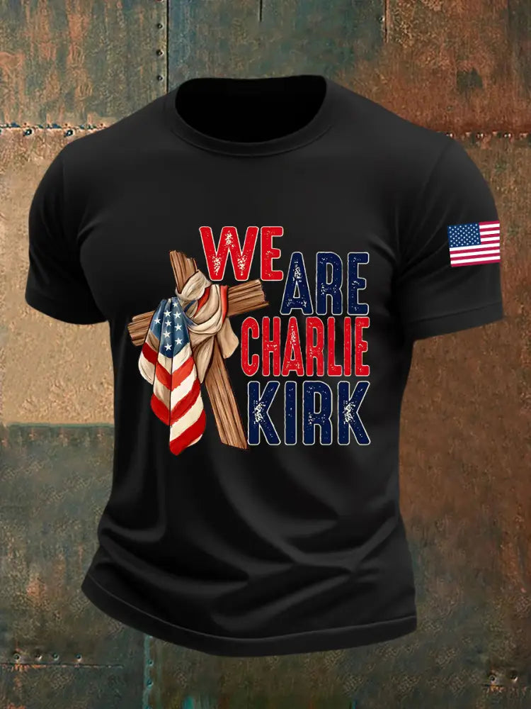 Men’s We Are Charlie Kirk Flag Cross Short-sleeved T-shirt Black / S