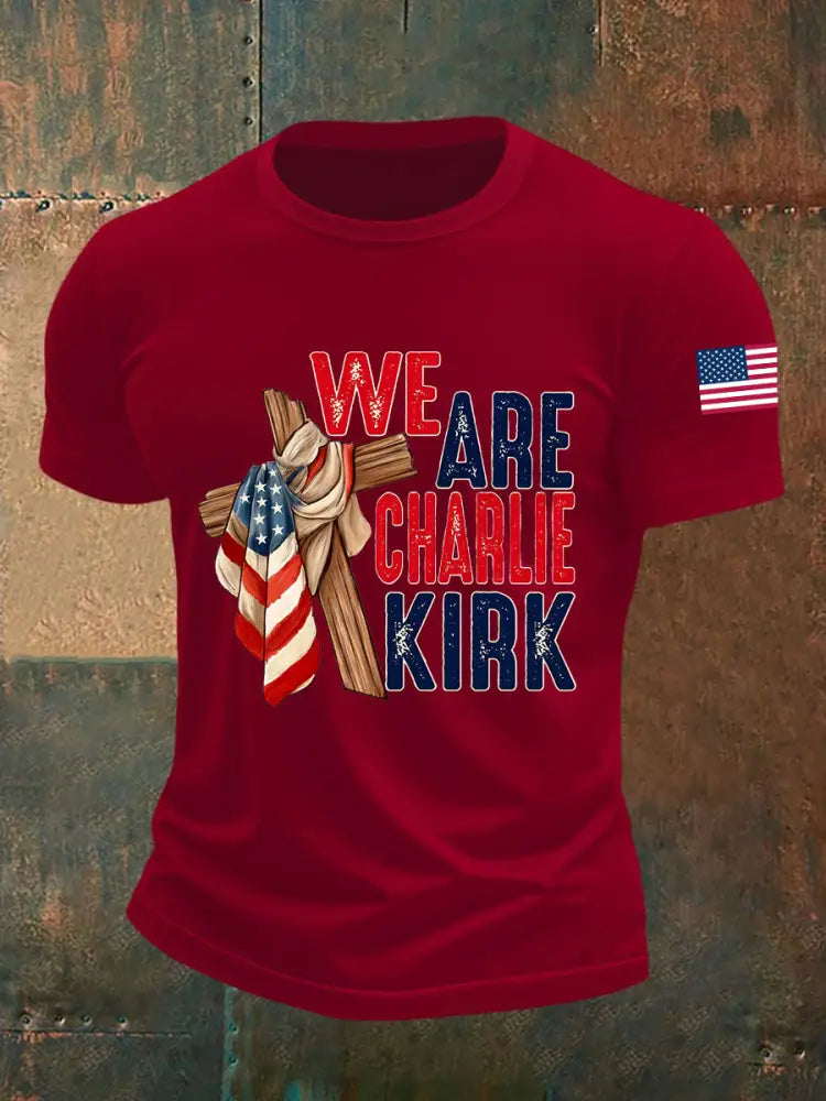 Men’s We Are Charlie Kirk Flag Cross Short-sleeved T-shirt Deep Red / S