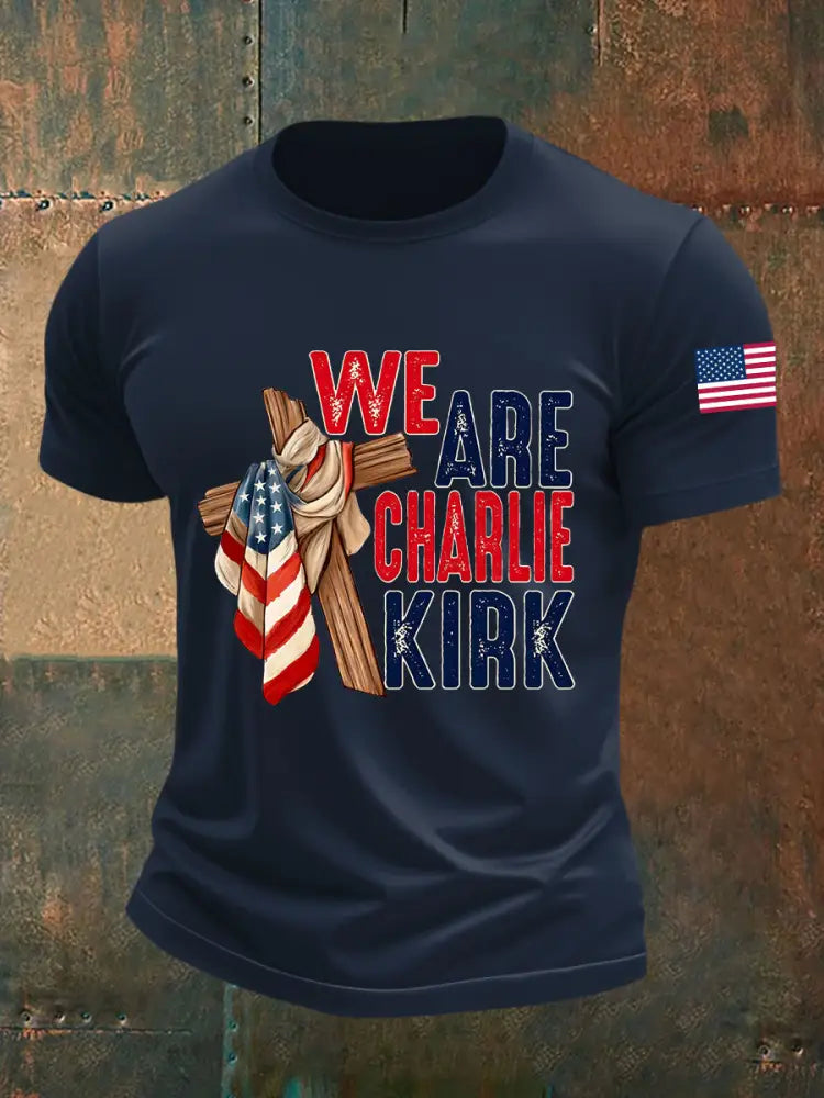 Men’s We Are Charlie Kirk Flag Cross Short-sleeved T-shirt Navy Blue / S