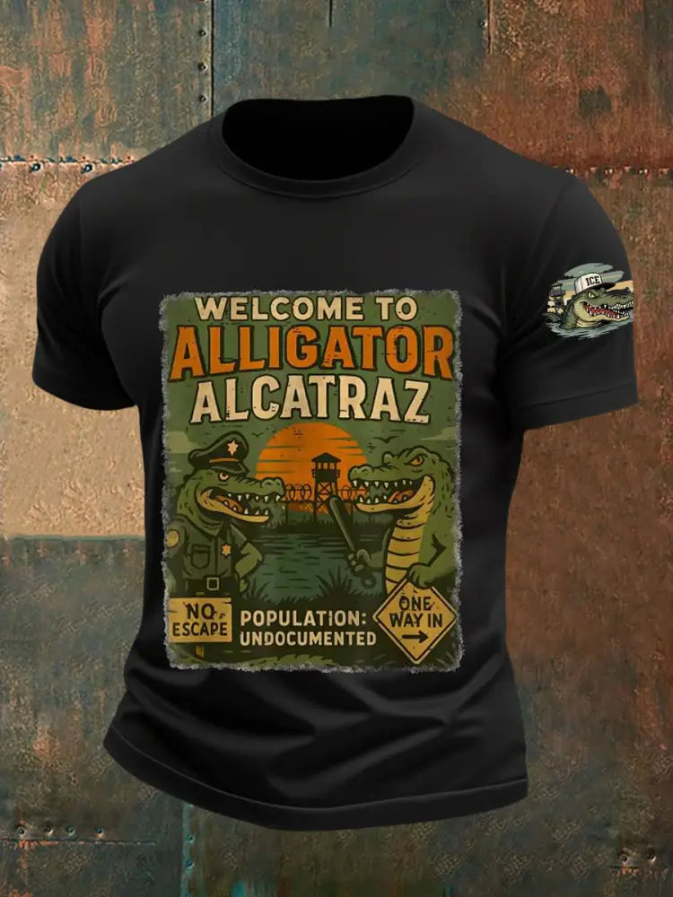 Men’s Welcome To Alligator Alcatraz Funny Florida Everglades Dark Humor Tee