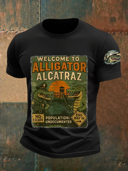 Men’s Welcome To Alligator Alcatraz Funny Florida Everglades Dark Humor Tee