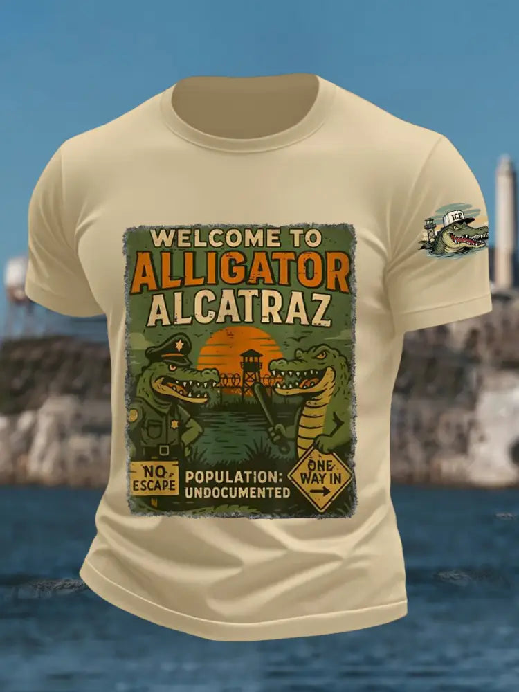 Men’s Welcome To Alligator Alcatraz Funny Florida Everglades Dark Humor Tee Apricot / S