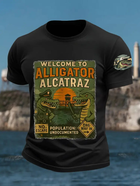 Men’s Welcome To Alligator Alcatraz Funny Florida Everglades Dark Humor Tee Black / S