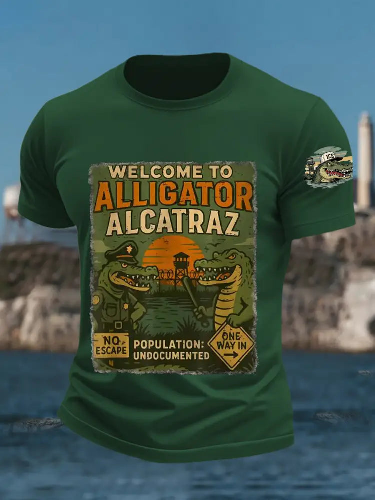 Men’s Welcome To Alligator Alcatraz Funny Florida Everglades Dark Humor Tee Dark Green / S