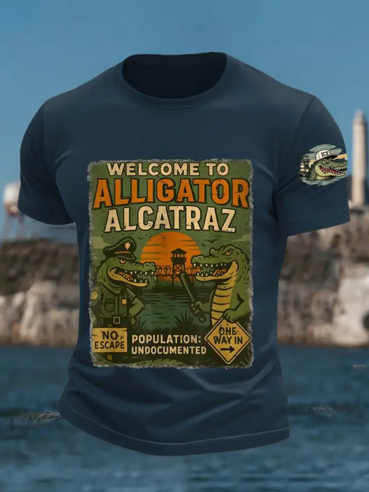 Men’s Welcome To Alligator Alcatraz Funny Florida Everglades Dark Humor Tee Navy Blue / S