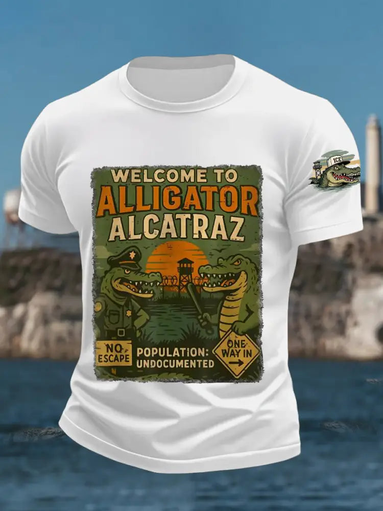 Men’s Welcome To Alligator Alcatraz Funny Florida Everglades Dark Humor Tee White / S