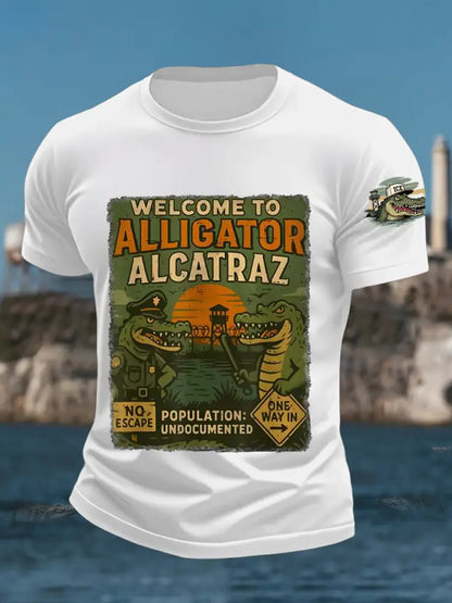 Men’s Welcome To Alligator Alcatraz Funny Florida Everglades Dark Humor Tee White / S