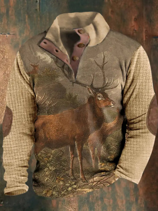 Men’s Western Hunter Classic Print Casual Loose Stand Collar Zipper Waffle Sweatshirt A / S