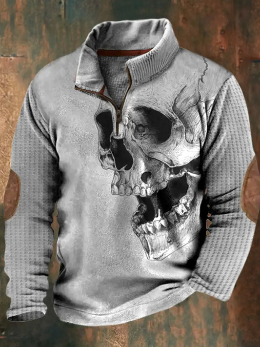 Men’s Western Punk Classic Print Casual Loose Stand Collar Zipper Waffle Sweatshirt A / S