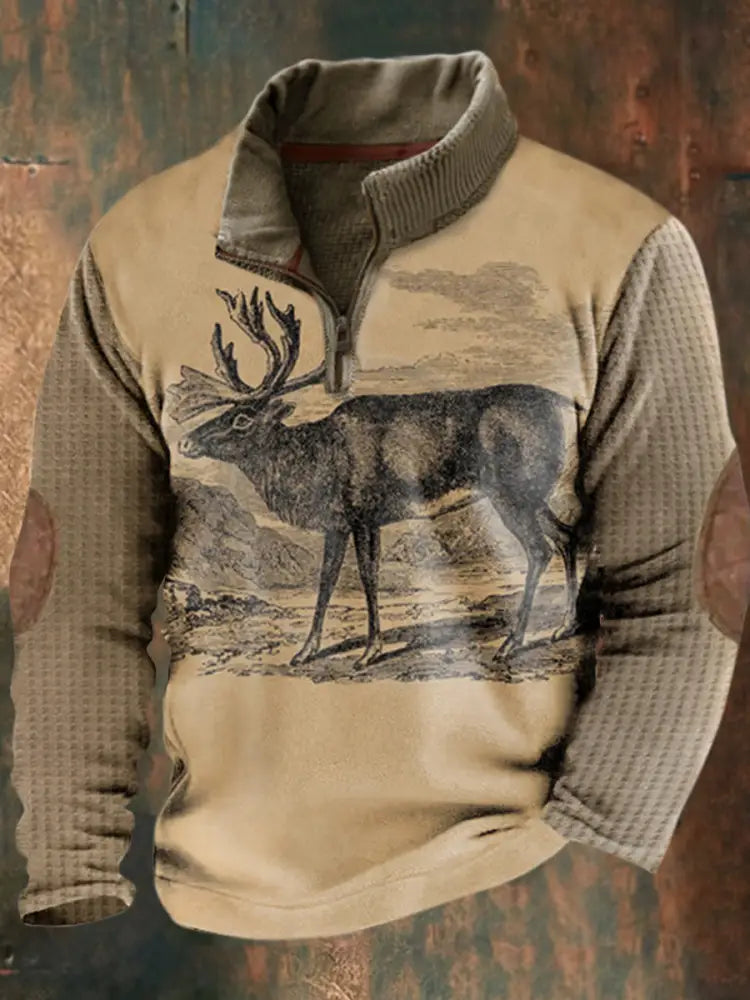 Men’s Western Vintage Elk Print Casual Loose Stand Collar Zipper Waffle Sweatshirt