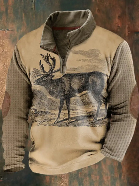 Men’s Western Vintage Elk Print Casual Loose Stand Collar Zipper Waffle Sweatshirt